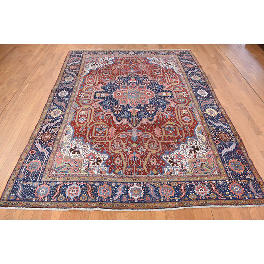 Antique Wool Hand Knotted Rug Red Blue 8.3X11.9 -O078162