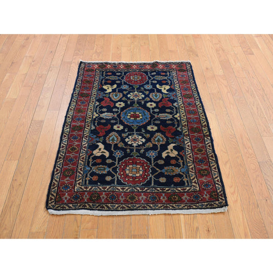 Antique Wool Hand Knotted Rug Blue Red 3.1X4.7 -O078170