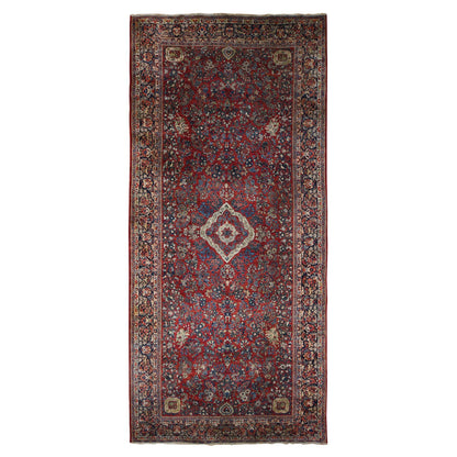 Antique Wool Hand Knotted Rug Red Blue 9.0X19.4 -O078173