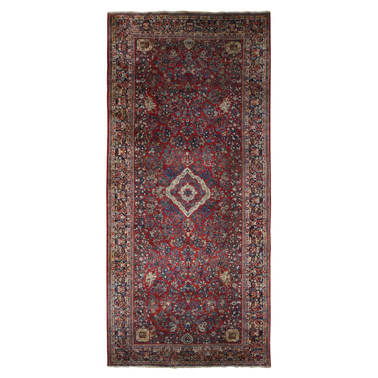 Antique Wool Hand Knotted Rug Red Blue 9.0X19.4 -O078173