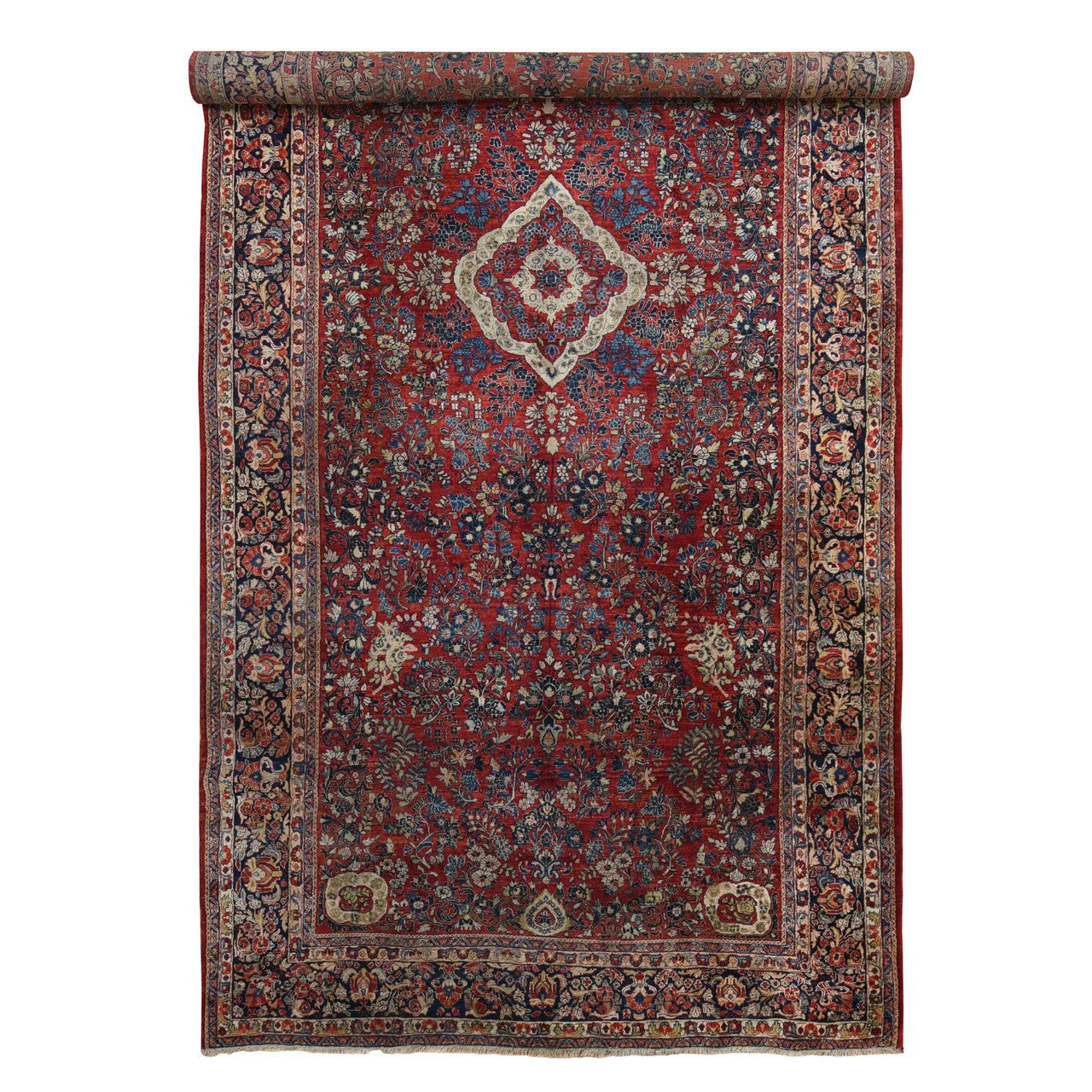 Antique Wool Hand Knotted Rug Red Blue 9.0X19.4 -O078173
