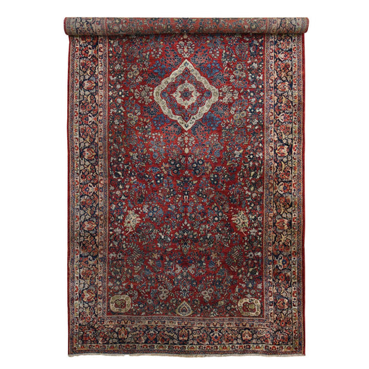 Antique Wool Hand Knotted Rug Red Blue 9.0X19.4 -O078173