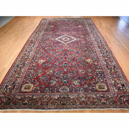 Antique Wool Hand Knotted Rug Red Blue 9.0X19.4 -O078173