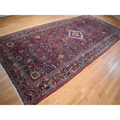 Antique Wool Hand Knotted Rug Red Blue 9.0X19.4 -O078173