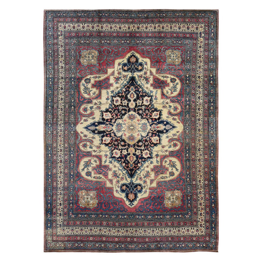 Antique Wool Hand Knotted Rug Red Blue 11.1X15.4 -O078174