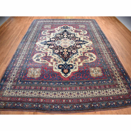 Antique Wool Hand Knotted Rug Red Blue 11.1X15.4 -O078174
