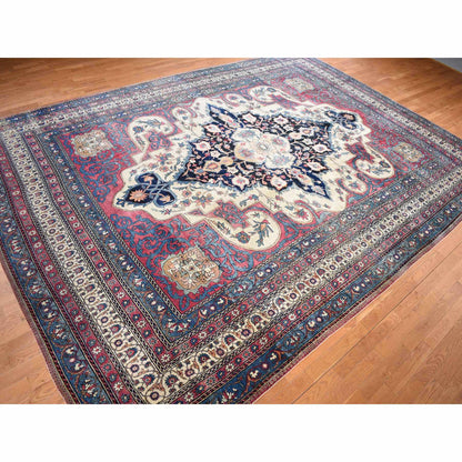 Antique Wool Hand Knotted Rug Red Blue 11.1X15.4 -O078174