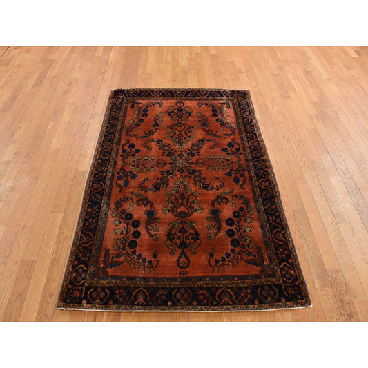 Antique Wool Hand Knotted Rug Orange Blue 4.2X6.4 -O078183