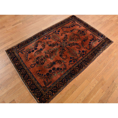 Antique Wool Hand Knotted Rug Orange Blue 4.2X6.4 -O078183