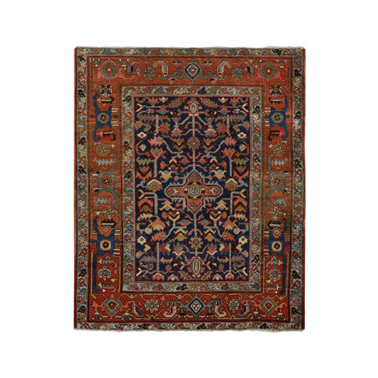 Antique Wool Hand Knotted Rug Blue Brown 4.6X5.6 -O078184
