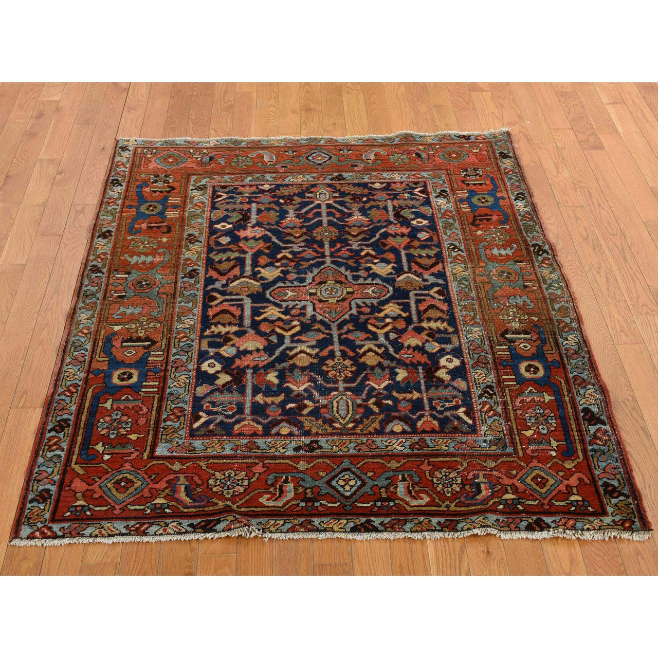 Antique Wool Hand Knotted Rug Blue Brown 4.6X5.6 -O078184
