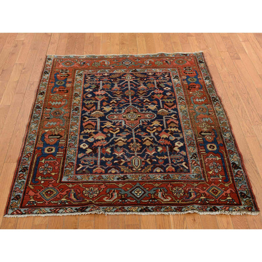 Antique Wool Hand Knotted Rug Blue Brown 4.6X5.6 -O078184