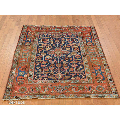 Antique Wool Hand Knotted Rug Blue Brown 4.6X5.6 -O078184