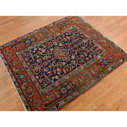 Antique Wool Hand Knotted Rug Blue Brown 4.6X5.6 -O078184