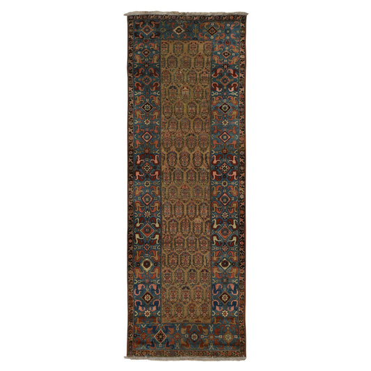 Antique Wool Hand Knotted Rug Brown Blue 3.8X11.2 -O078185
