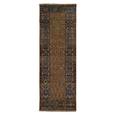 Antique Wool Hand Knotted Rug Brown Blue 3.8X11.2 -O078185