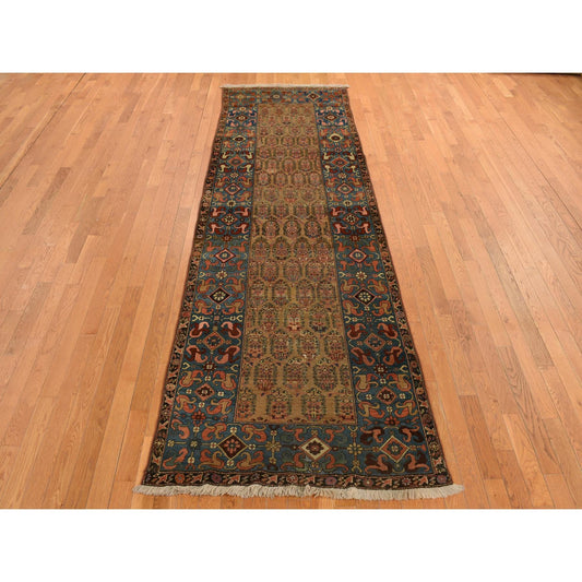 Antique Wool Hand Knotted Rug Brown Blue 3.8X11.2 -O078185