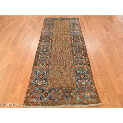 Antique Wool Hand Knotted Rug Brown Blue 3.8X11.2 -O078185