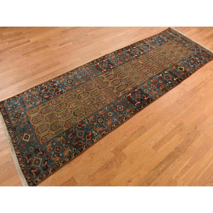 Antique Wool Hand Knotted Rug Brown Blue 3.8X11.2 -O078185
