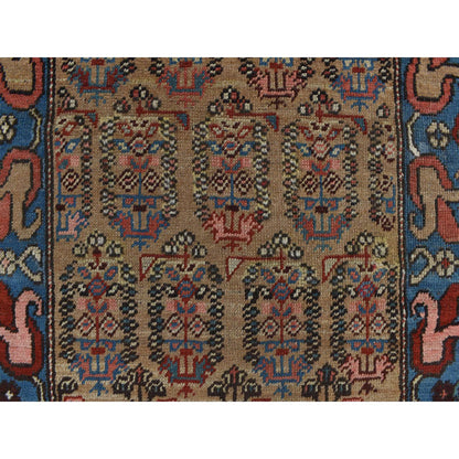 Antique Wool Hand Knotted Rug Brown Blue 3.8X11.2 -O078185