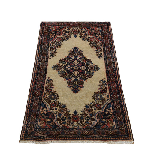 Antique Wool Hand Knotted Rug Ivory Red 2.0X4.0 -O078193