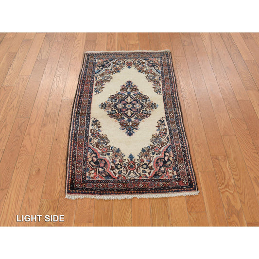 Antique Wool Hand Knotted Rug Ivory Red 2.0X4.0 -O078193