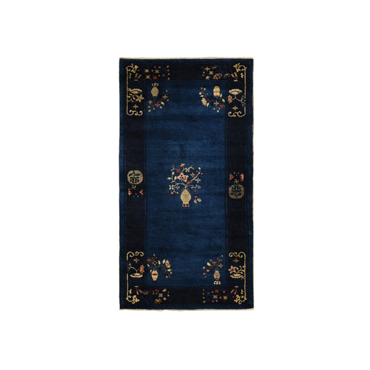 Antique Wool Hand Knotted Rug Blue Blue 3.0X5.8 -O078195