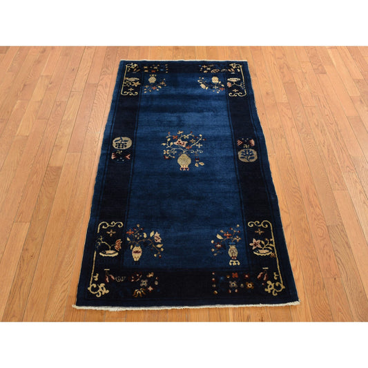 Antique Wool Hand Knotted Rug Blue Blue 3.0X5.8 -O078195