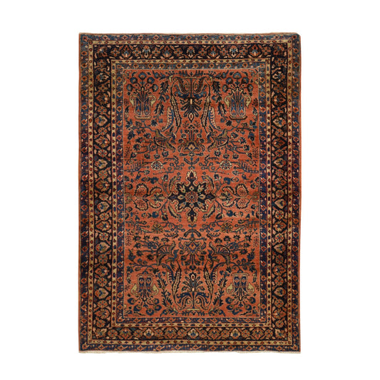 Antique Wool Hand Knotted Rug Red Blue 4.1X7.0 -O078200