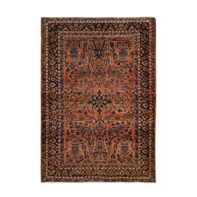 Antique Wool Hand Knotted Rug Red Blue 4.1X7.0 -O078200