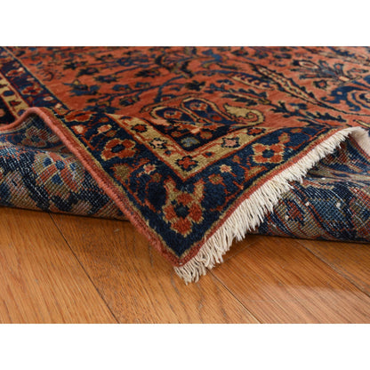 Antique Wool Hand Knotted Rug Red Blue 4.1X7.0 -O078200