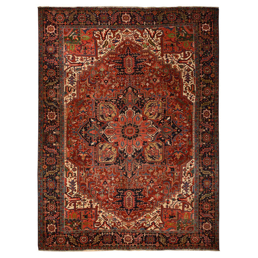 Antique Wool Hand Knotted Rug Red Midnight Blue 11.0X14.7 -O078226