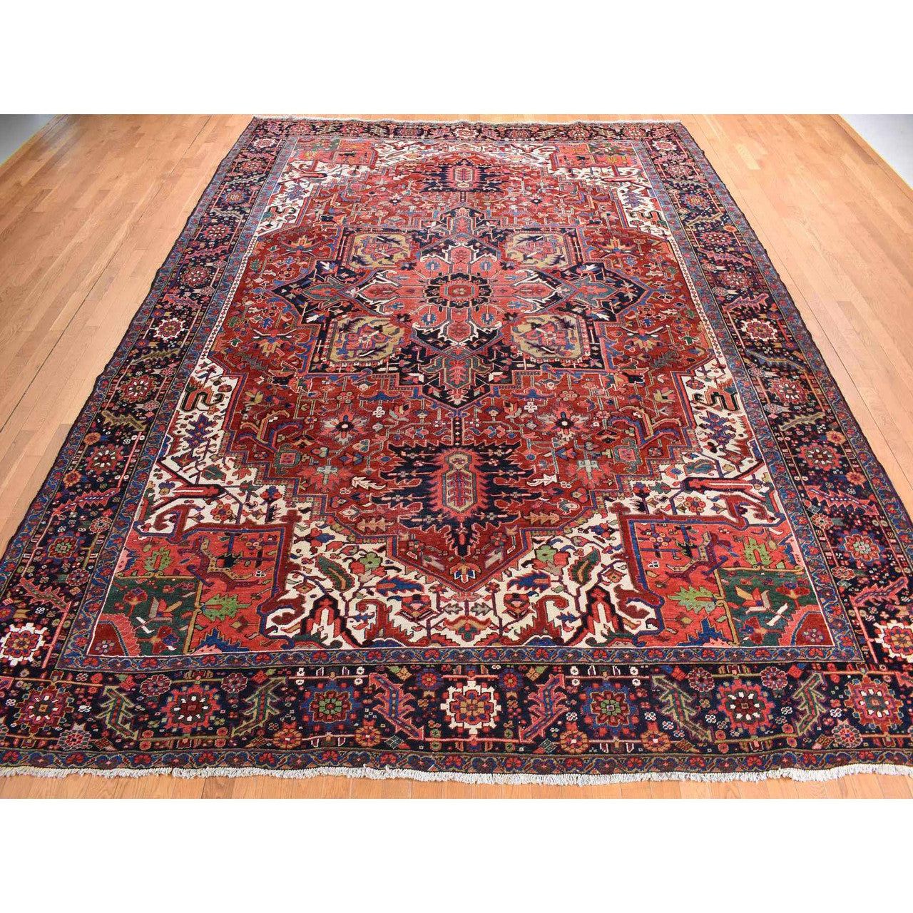 Antique Wool Hand Knotted Rug Red Midnight Blue 11.0X14.7 -O078226