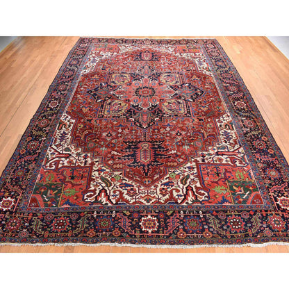 Antique Wool Hand Knotted Rug Red Midnight Blue 11.0X14.7 -O078226