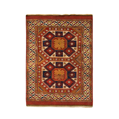 Antique Wool Hand Knotted Rug Red Moccasin Yellow 5.4X7.0 -O078233