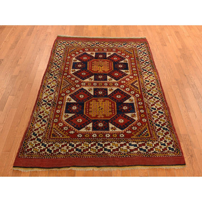 Antique Wool Hand Knotted Rug Red Moccasin Yellow 5.4X7.0 -O078233