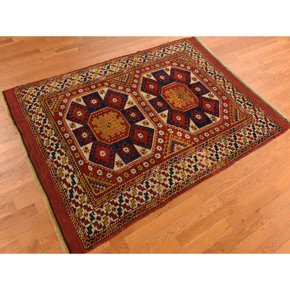 Antique Wool Hand Knotted Rug Red Moccasin Yellow 5.4X7.0 -O078233