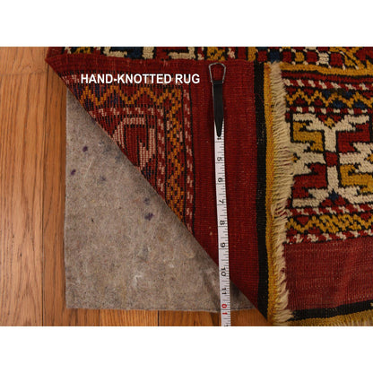 Antique Wool Hand Knotted Rug Red Moccasin Yellow 5.4X7.0 -O078233