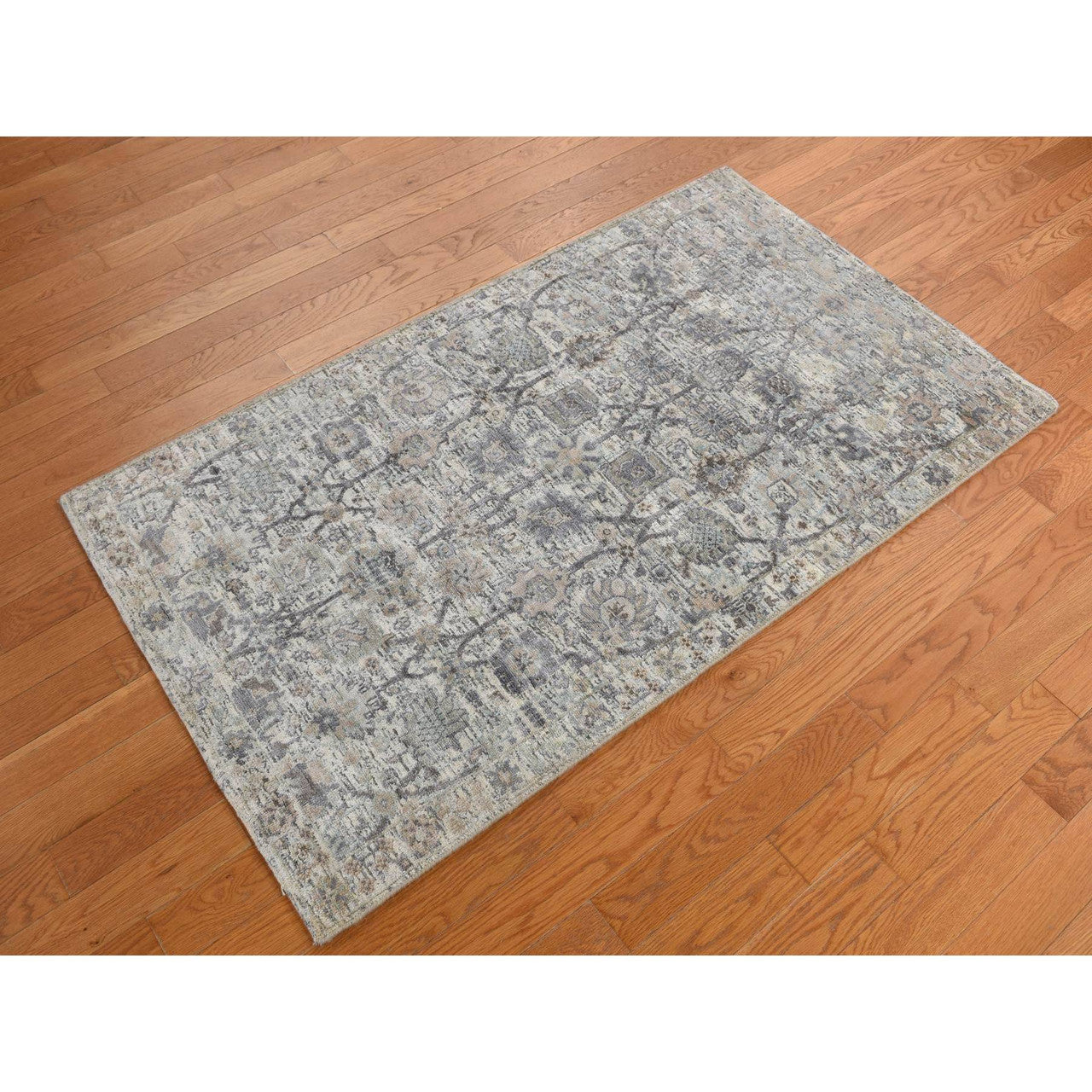 Transitional Wool & Silk Hand Knotted Rug Ivory Parchment White 3.0X5.2 -O078244
