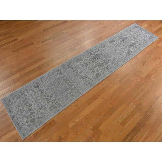Hand-Loomed Wool & Silk Hand Loomed Rug Grey Gray 2.5X12.0 -O078245