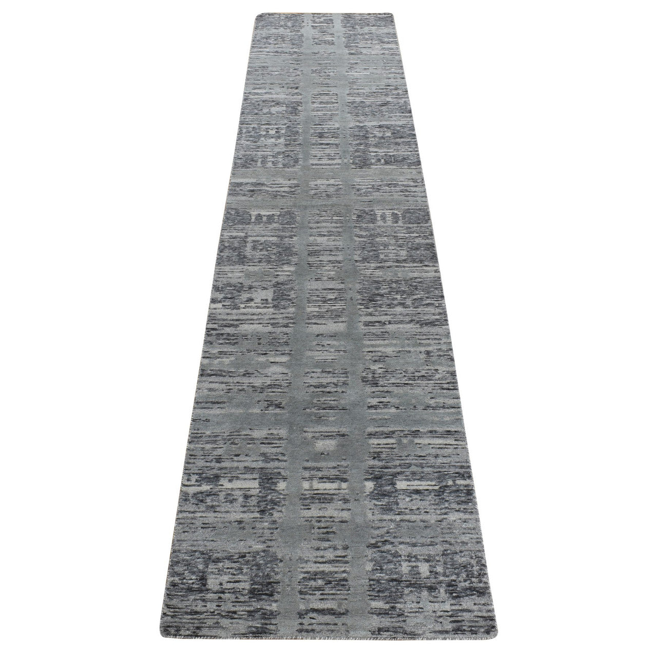 Gray 2'7" x 12'1" Modern and Contemporary Hand knotted Wool Rug - Sku: O078246