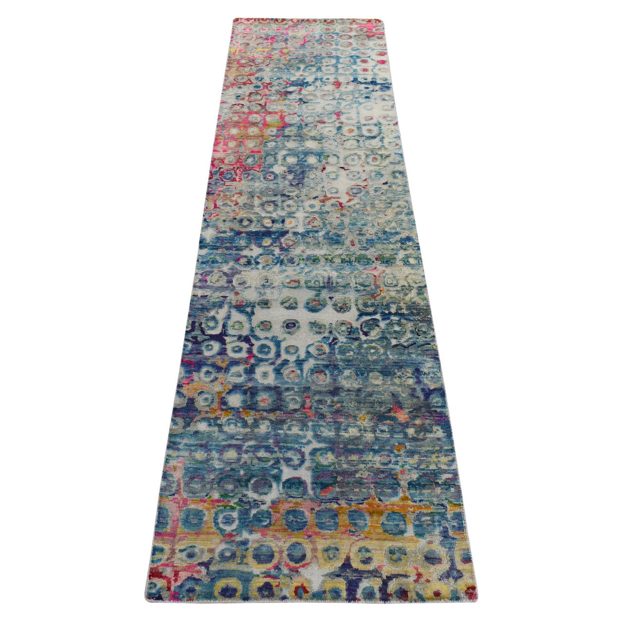 Blue 2'7" x 10'2" Modern and Contemporary Sari Hand knotted Silk Rug - Sku: O078249