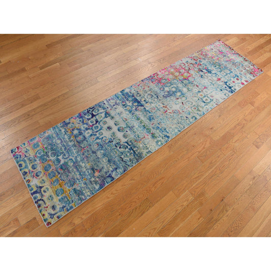 Modern and Contemporary Sari Silk Hand Knotted Rug Blue No Border 2.7X10.2 -O078249