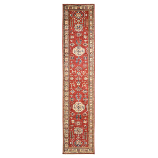 Kazak Wool Hand Knotted Rug Red Deep Napoli Yellow 2.7X13.1 -O078251