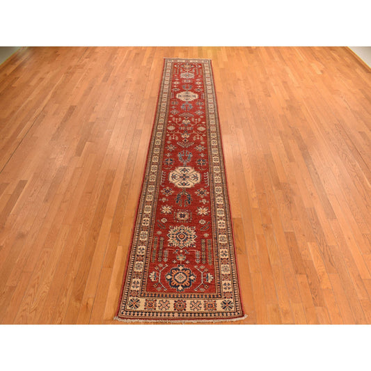 Kazak Wool Hand Knotted Rug Red Deep Napoli Yellow 2.7X13.1 -O078251