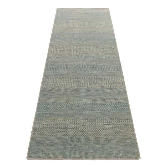 Modern and Contemporary Wool & Silk Hand Knotted Rug Blue No Border 2.5X8.0 -O078252