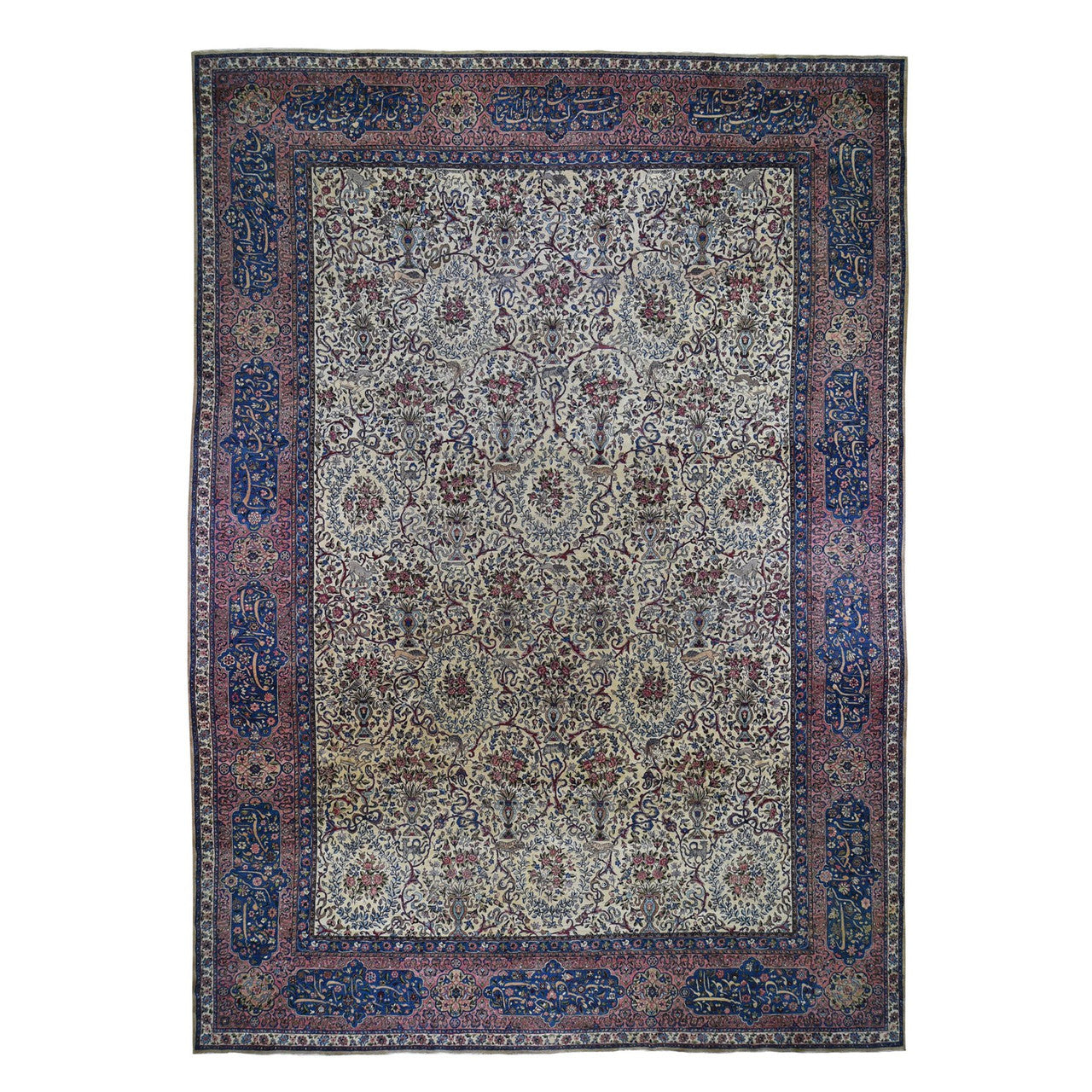Antique Wool Hand Knotted Rug Ivory Sanguine Red 13.5X19.8 -O078265