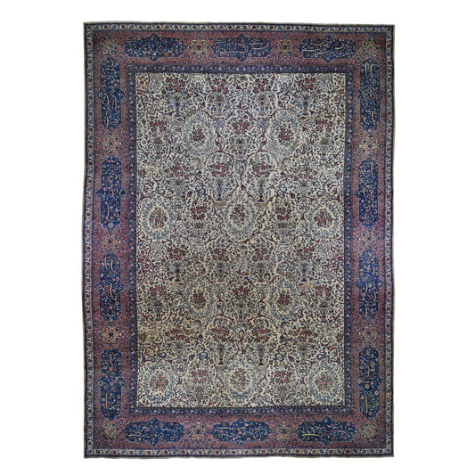 Antique Wool Hand Knotted Rug Ivory Sanguine Red 13.5X19.8 -O078265