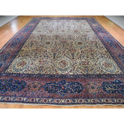 Antique Wool Hand Knotted Rug Ivory Sanguine Red 13.5X19.8 -O078265