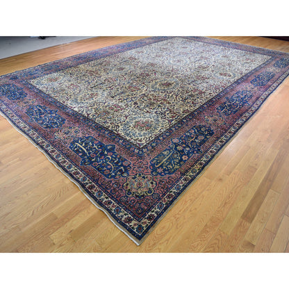 Antique Wool Hand Knotted Rug Ivory Sanguine Red 13.5X19.8 -O078265